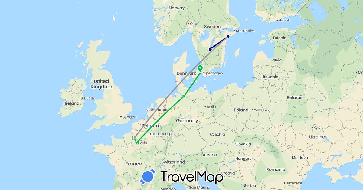 TravelMap itinerary: driving, bus, plane in Germany, Denmark, France, Sweden (Europe)