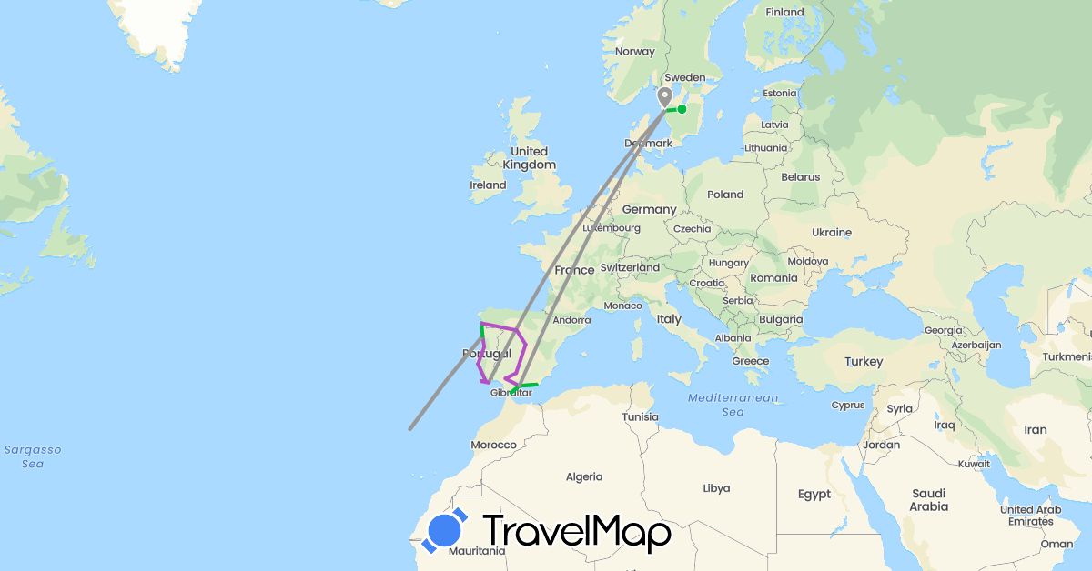 TravelMap itinerary: driving, bus, plane, train in Spain, Gibraltar, Portugal, Sweden (Europe)