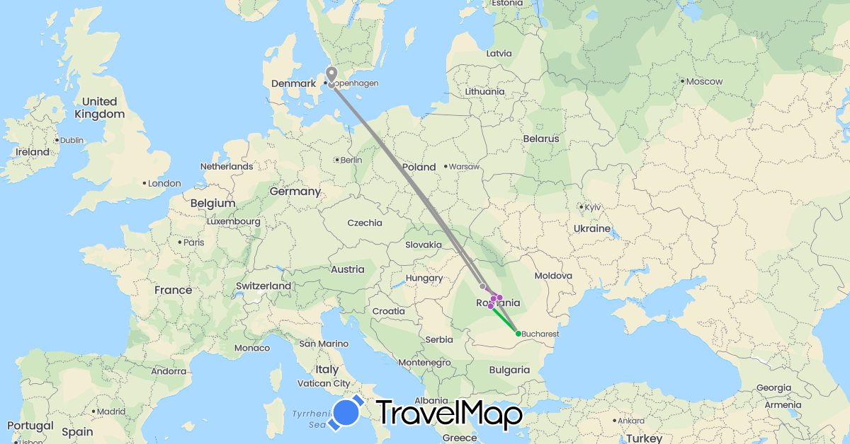 TravelMap itinerary: driving, bus, plane, train in Romania, Sweden (Europe)