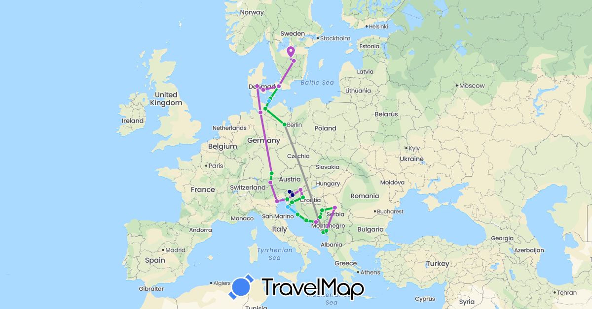 TravelMap itinerary: driving, bus, plane, train, boat in Austria, Bosnia and Herzegovina, Germany, Denmark, Croatia, Italy, Montenegro, Serbia, Sweden, Slovenia (Europe)