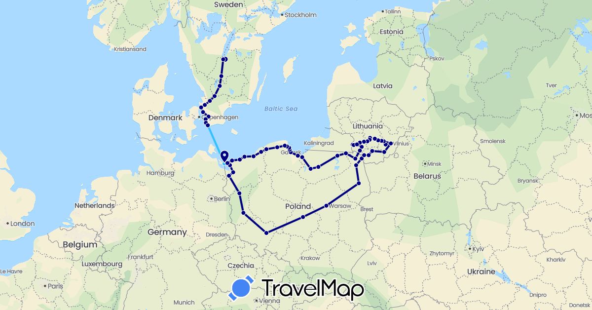 TravelMap itinerary: driving, boat in Lithuania, Poland, Sweden (Europe)