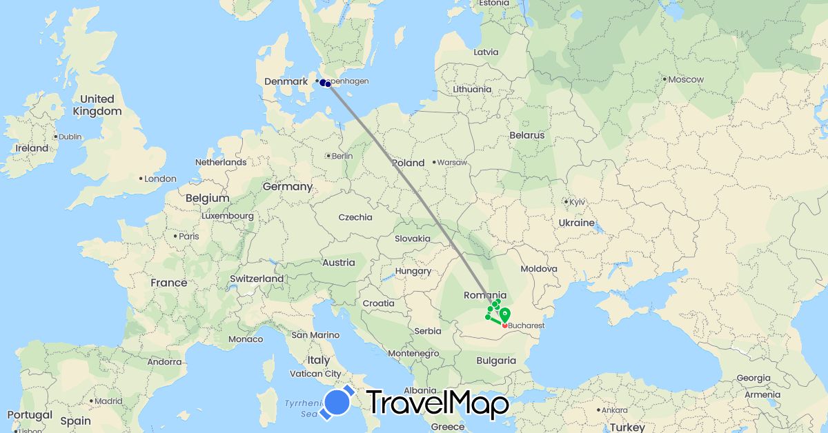 TravelMap itinerary: driving, bus, plane, train, hiking in Romania, Sweden (Europe)