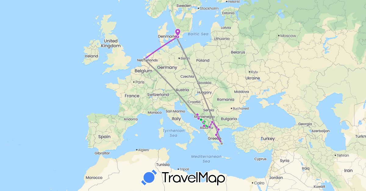 TravelMap itinerary: driving, bus, plane, train in Albania, Bosnia and Herzegovina, Denmark, Greece, Croatia, Montenegro, Macedonia, Netherlands, Sweden (Europe)