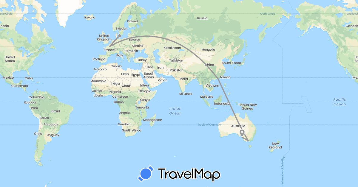 TravelMap itinerary: driving, plane in Australia, China, Denmark, France (Asia, Europe, Oceania)