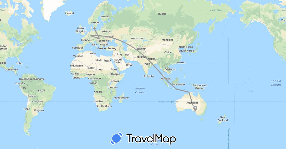 TravelMap itinerary: driving, plane in Australia, Germany, Hungary, Indonesia, Sweden, Singapore (Asia, Europe, Oceania)